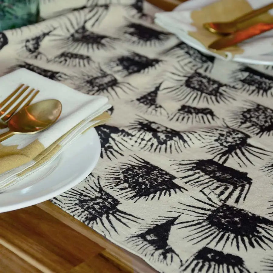 home decor table runner with black ferns on white linen made in India