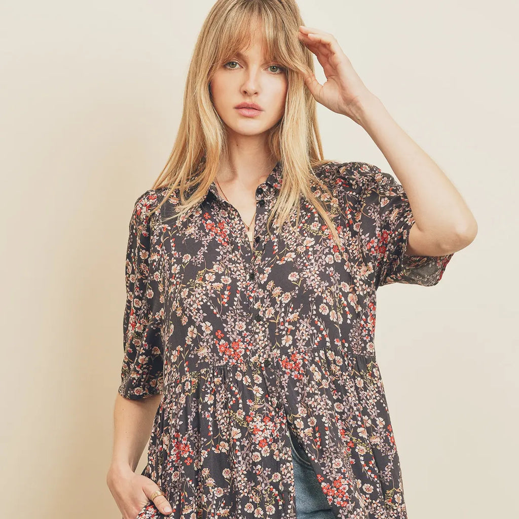 midnight garden flower dress in gray, red, and off-white button up short sleeve