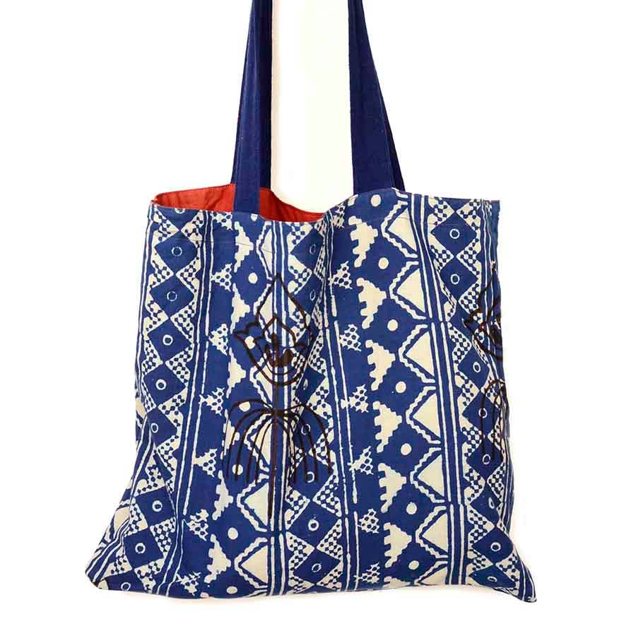 Avatar - Reversible Bag / Tote in blue, white, and coral / red. By Ichcha, block printed in India
