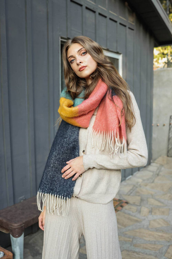 Color Block Soft Faux Mohair Scarf in Green and Orange