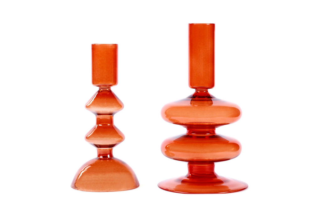 Retro Wavy Glass Candle Holder in Rust Orange