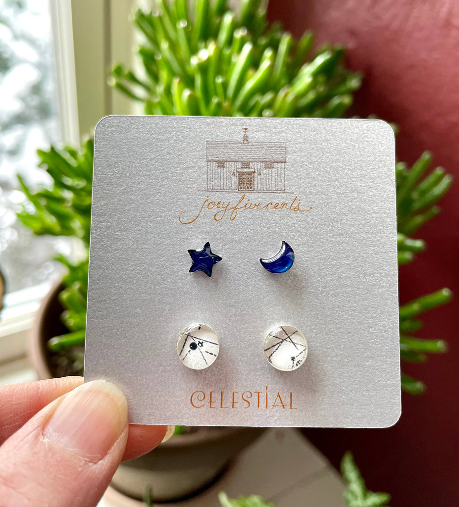 Studs Celestial Duo Sets - blue star, moon, white star chart