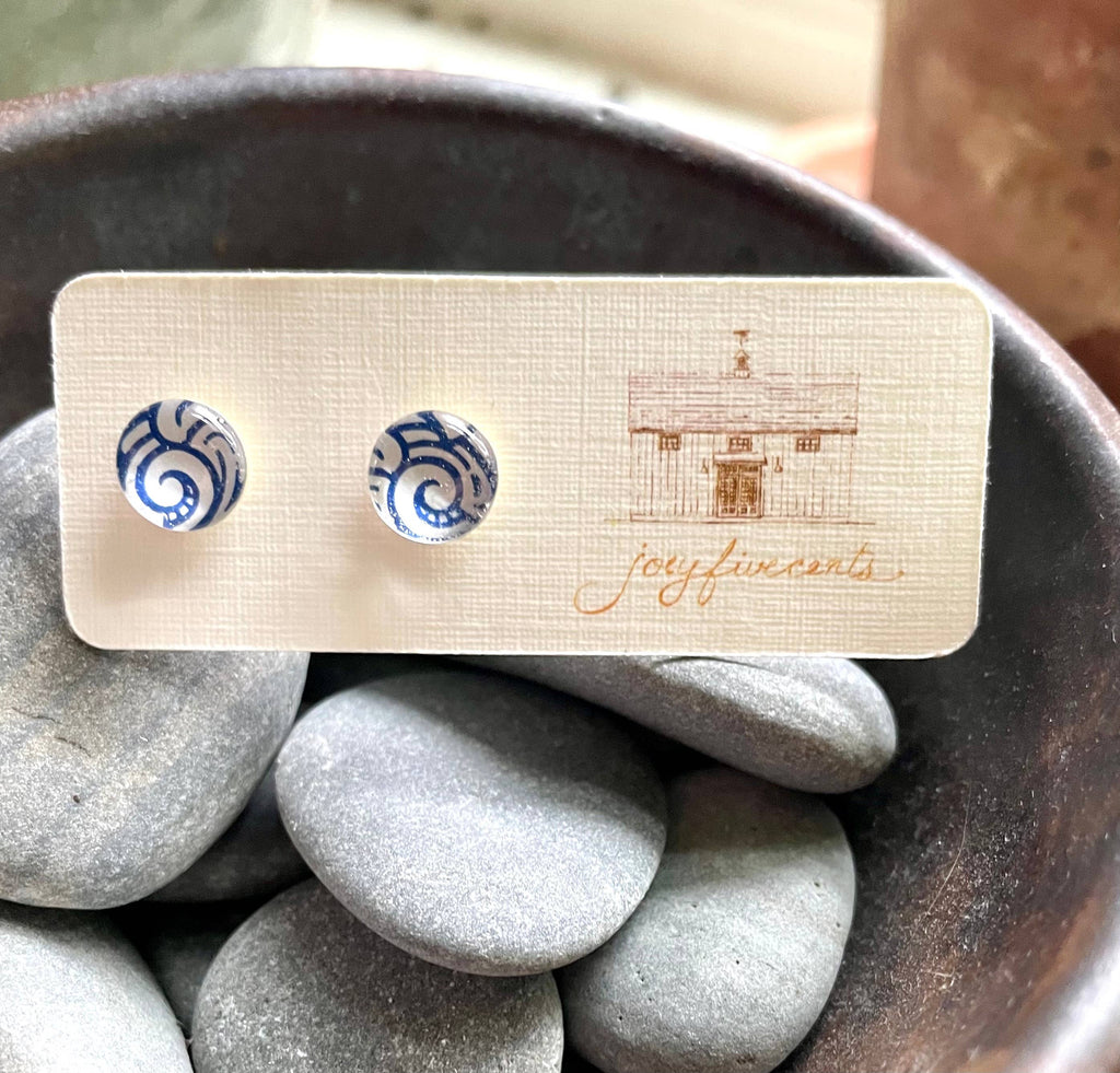 Studs - small circles, vintage ‘ocean waves’ imagery