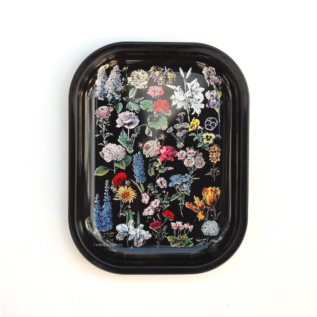Small Metal Fleurs Ritual Tray / Vintage Floral Print in Black