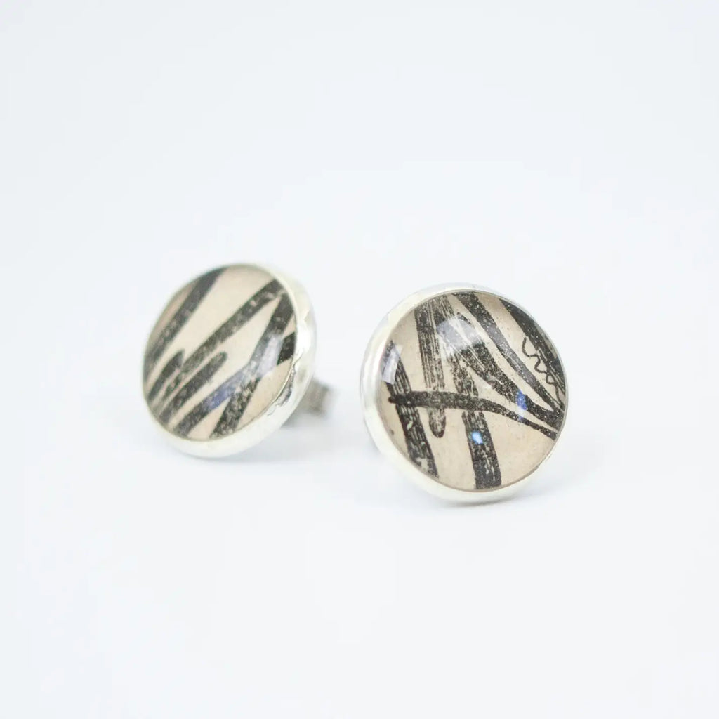 Round Botanical Stud Earrings in Black and White