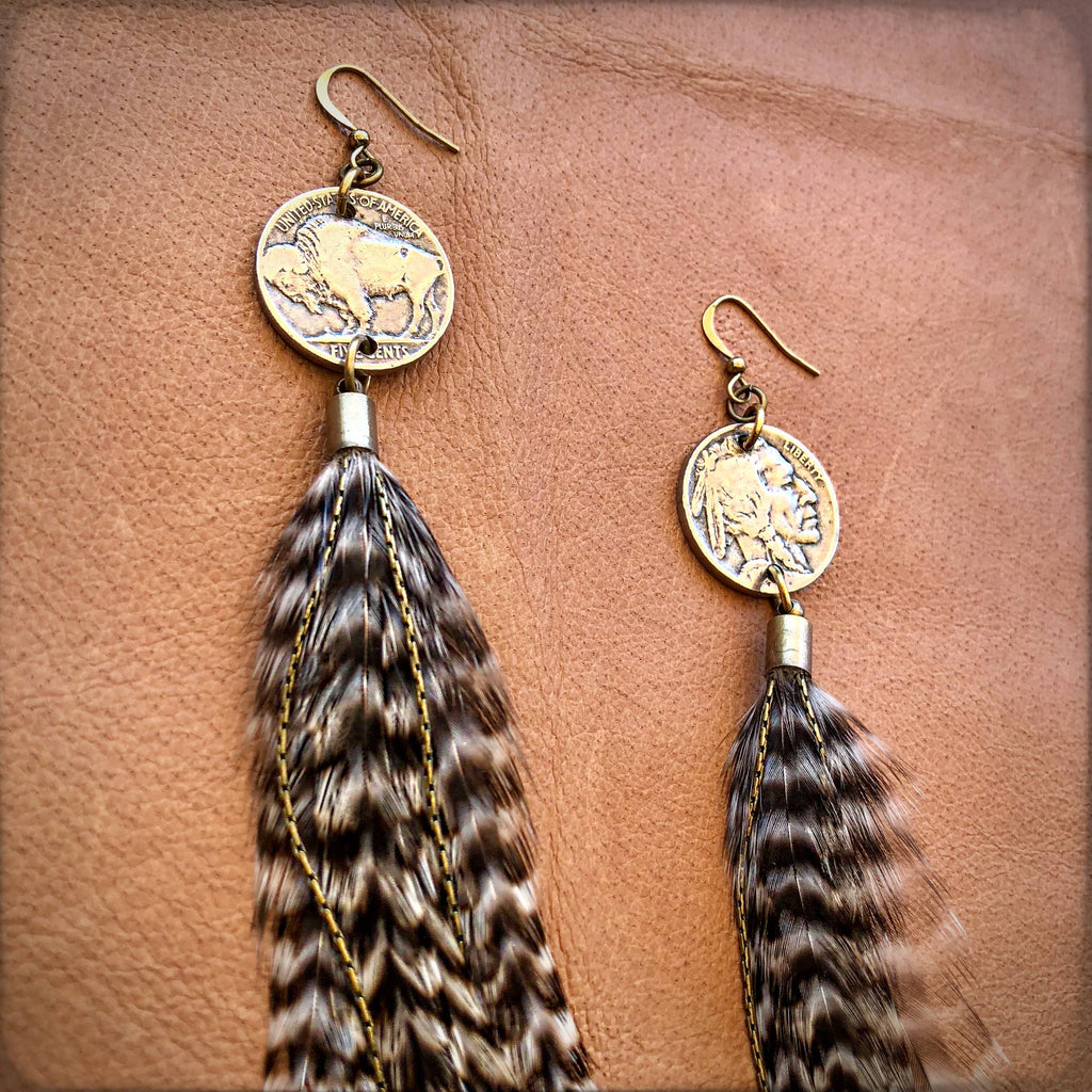 Buffalo Nickel & Feather Earrings