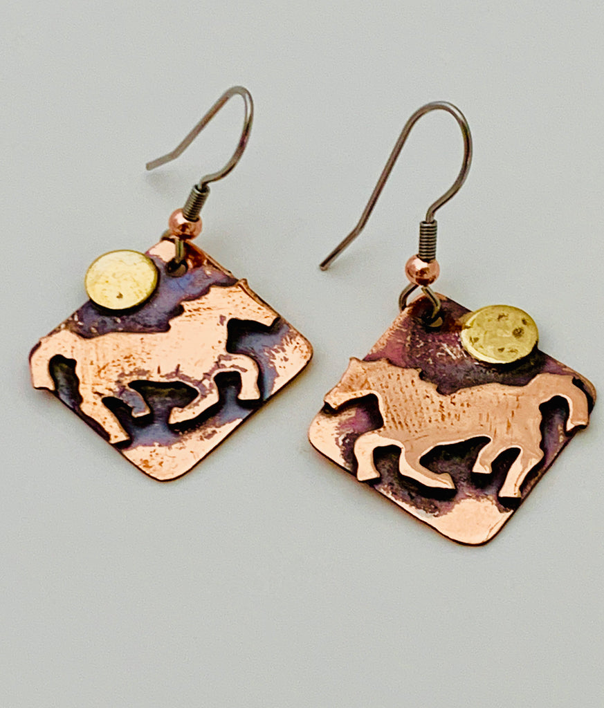Horse and Sun Copper Earrings