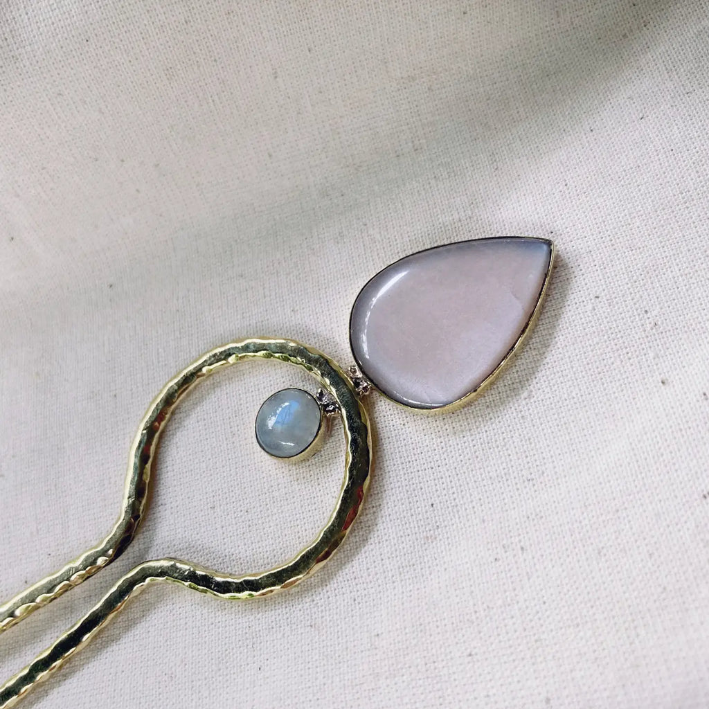 Hair Fork/Pin with Pink and Cream Moonstone