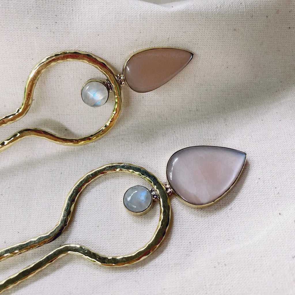 Hair Fork/Pin with Pink and Cream Moonstone