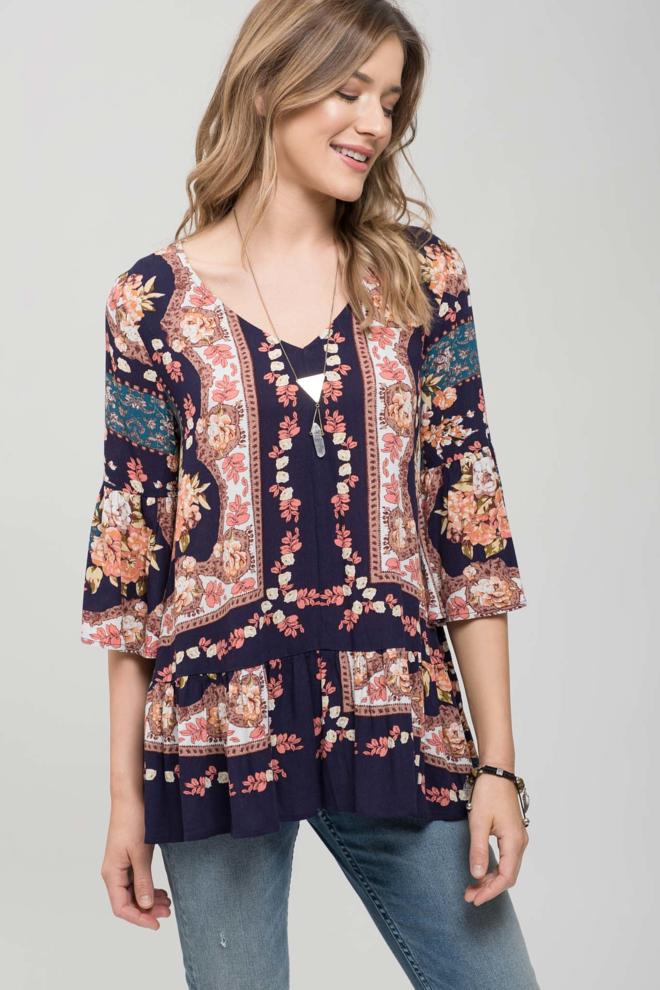 Adsila V-neck Floral Print Top with Ruffle Detail Blu Pepper