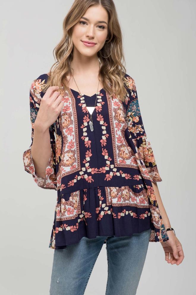 Adsila V-neck Floral Print Top with Ruffle Detail Blu Pepper