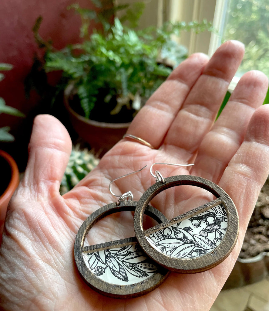 Dark Wood and Vintage Botanical Earrings