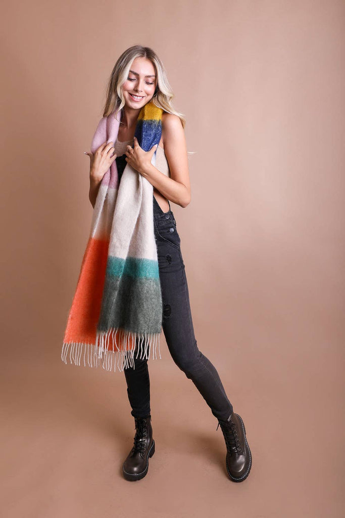 Color Block Soft Faux Mohair Scarf in Green and Orange