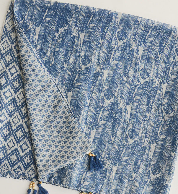Mixed-Pattern Blue and White Scarf