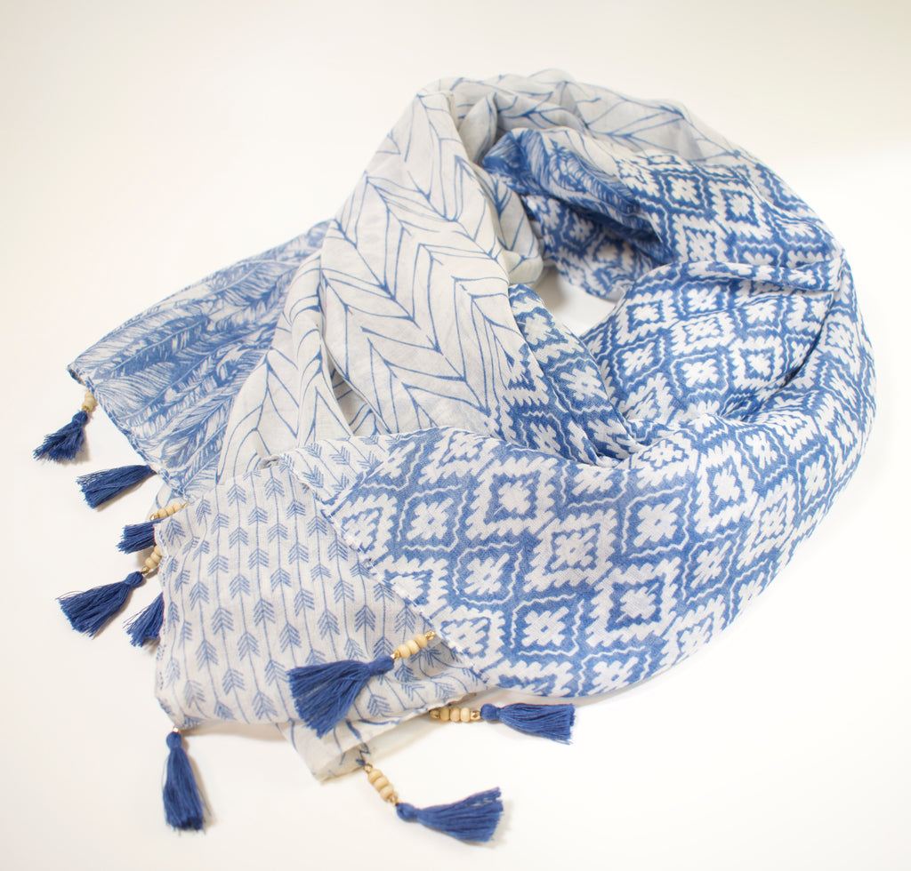 Mixed-Pattern Blue and White Scarf
