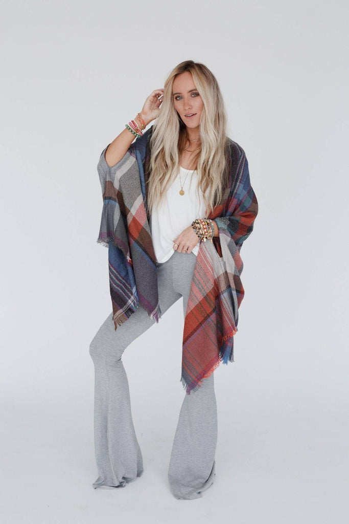 Cozy Plaid Pocket Ruana Wrap - Rust