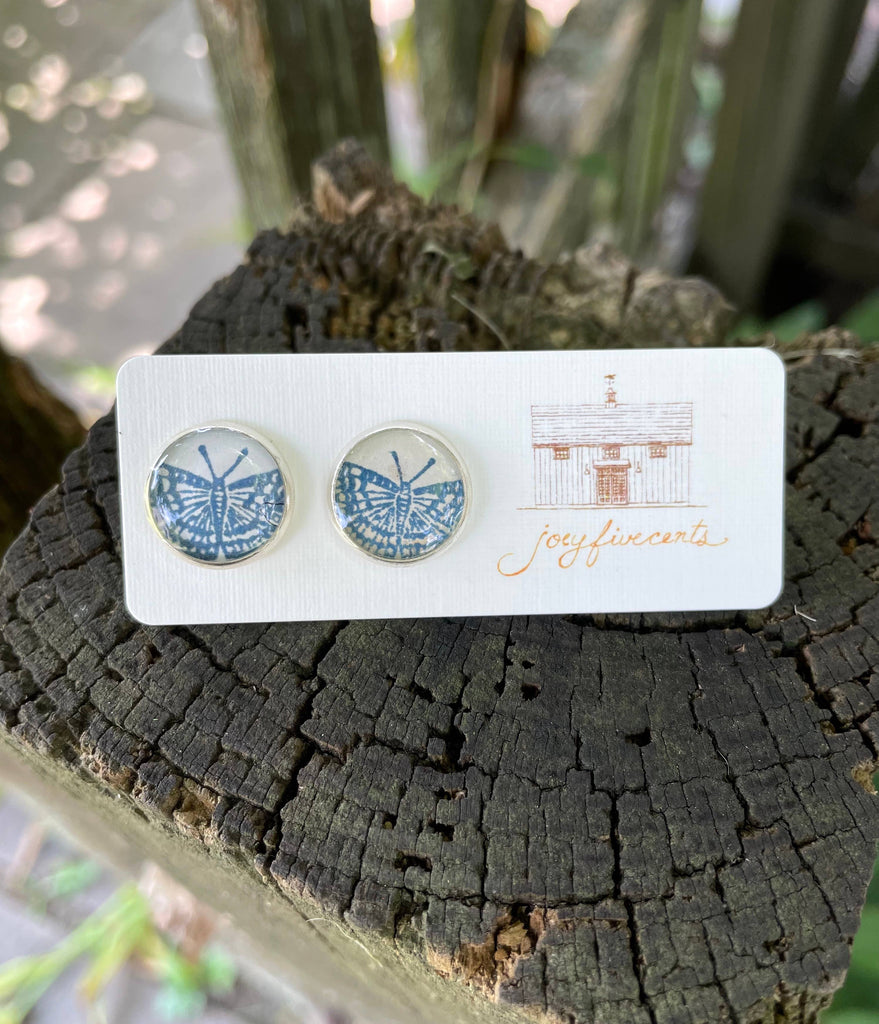 Studs - large circles, handstamped garden cobalt collection